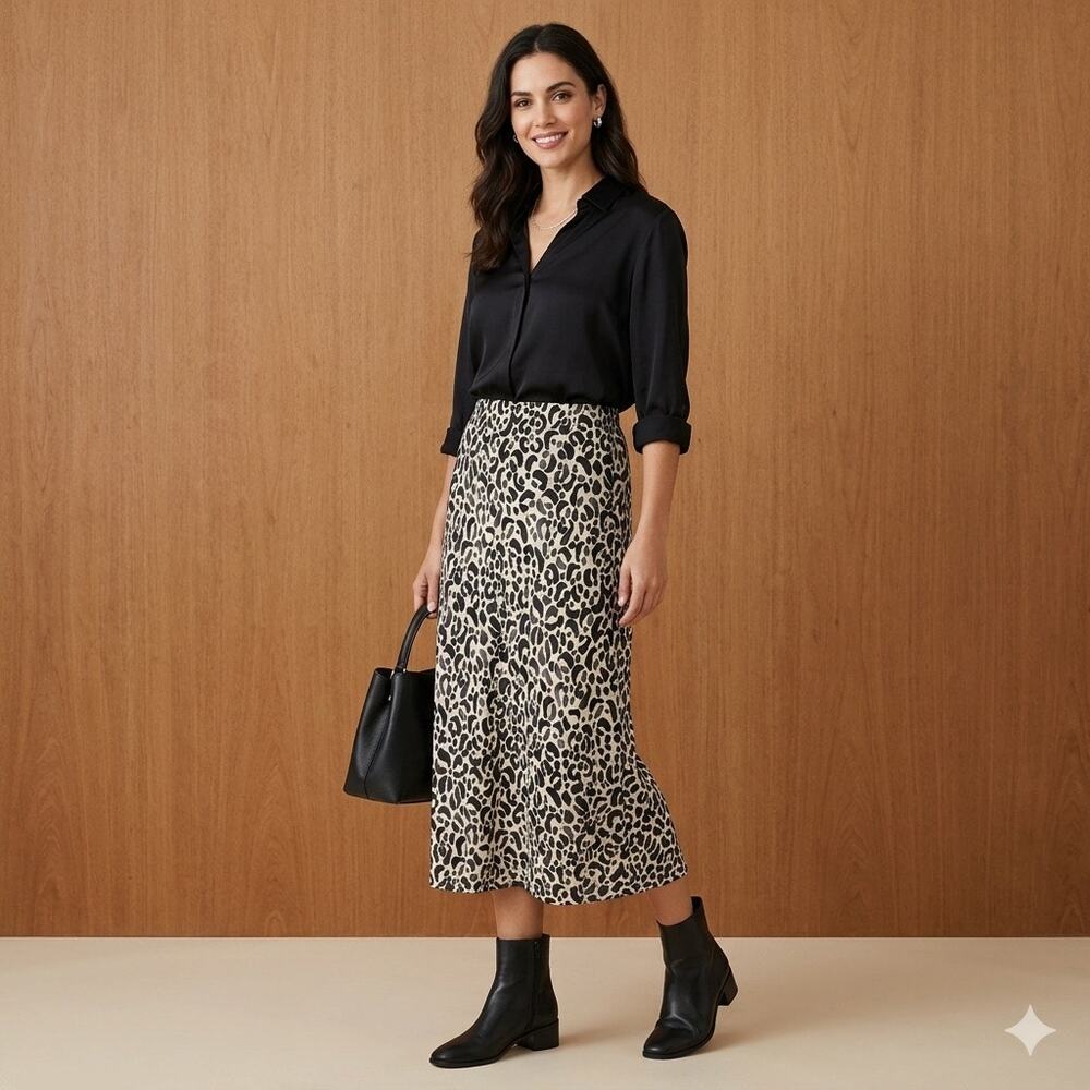 NWT NIC+ZOE Onyx Animal Slip Skirt Black Multi Leopard Print Midi Sz M EcoVero